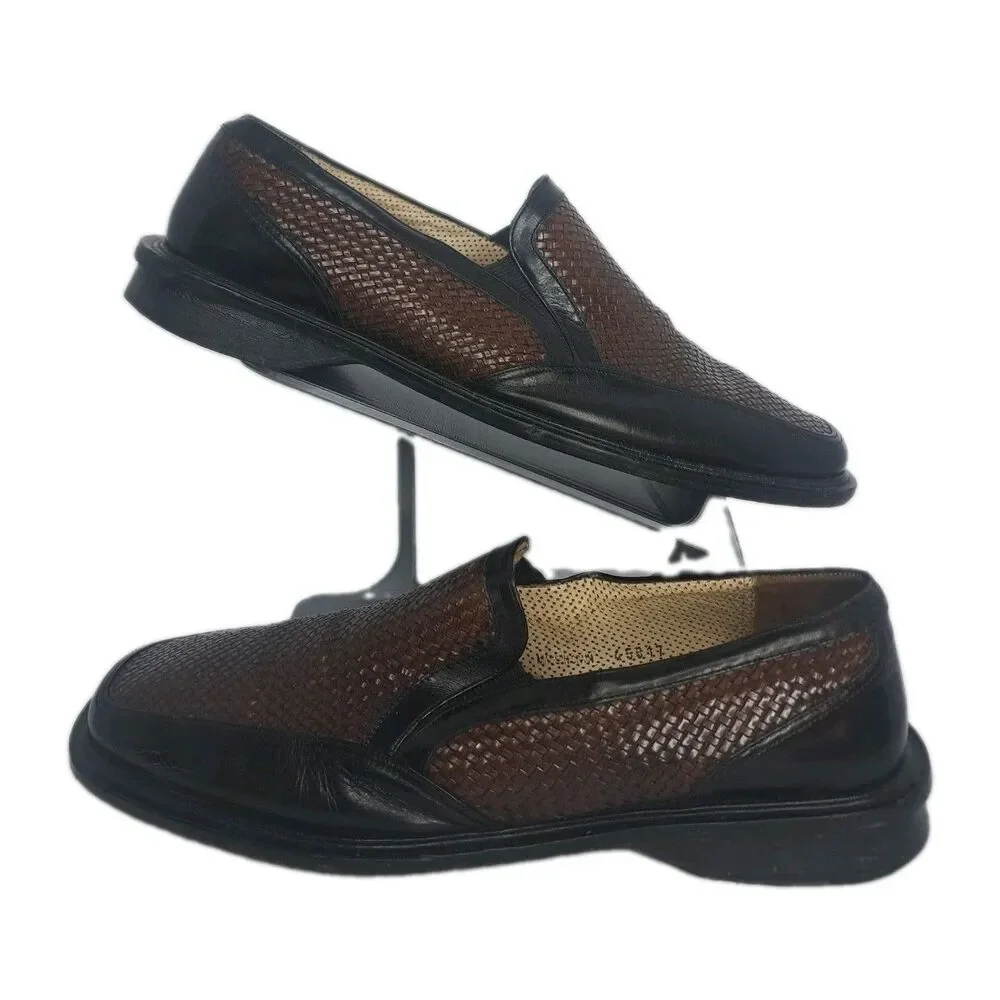 Paolo De Marco Shoes Mens Size 11m Black Brown Woven Leather Slip On Oxford Guc